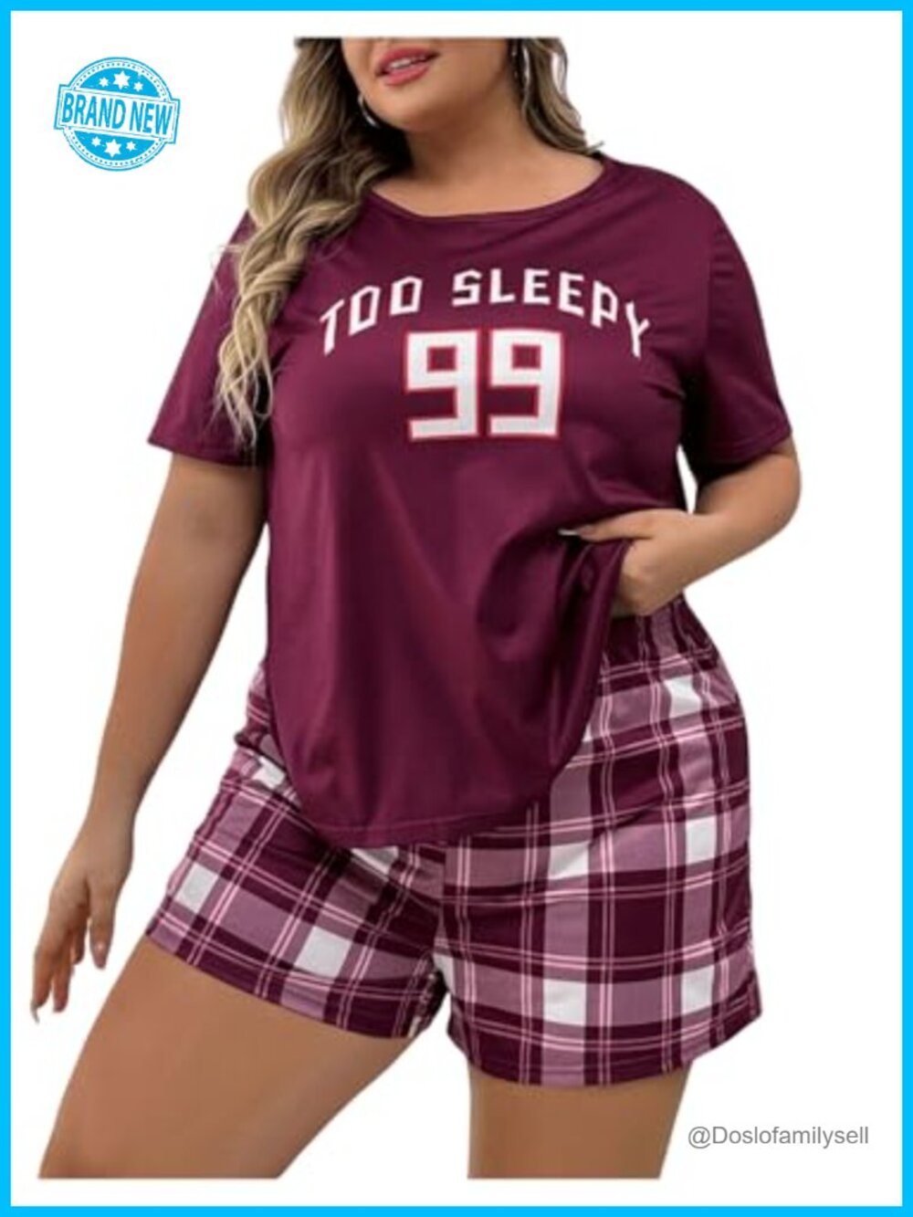 Plus Size 2 Piece Pajama Set Short Sleeve Shirt Plaid Boxer Shorts Lounge